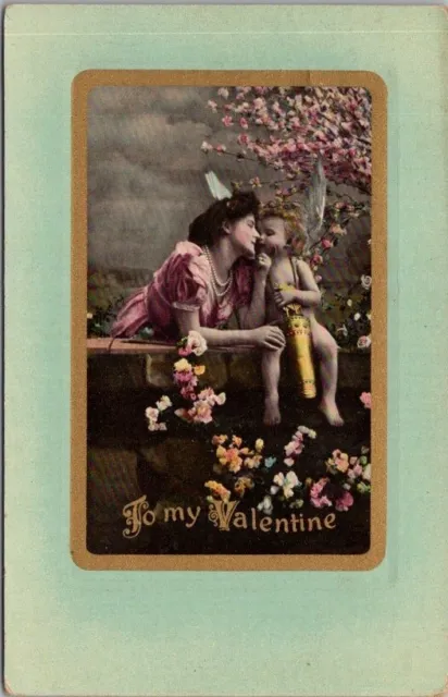 1911 VALENTINE'S DAY Embossed GEL Postcard Pretty Lady Kissing Little Cupid