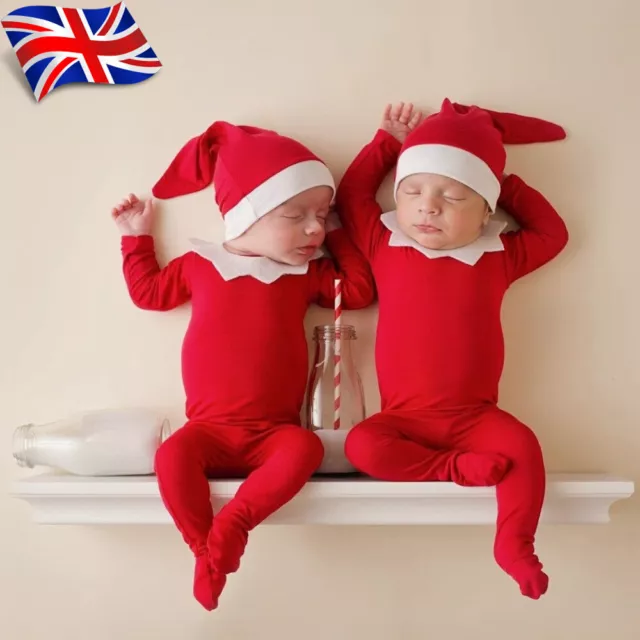 Newborn Baby Girl Boy Santa Hat Romper Christmas Elf Costume Outfit Photo Props