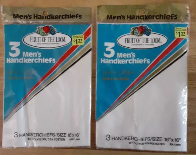 Fruit of the Loom  Handkerchiefs Mens 6 Satin Stripe White 16"x16" 2-3 Packs Vtg