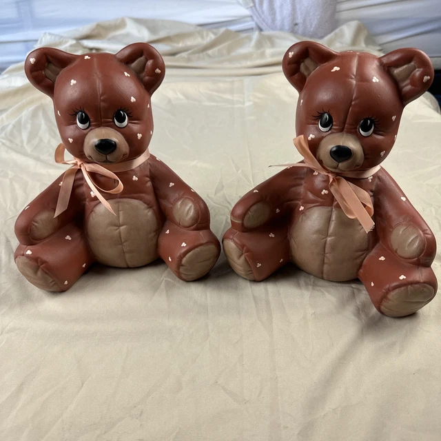2 VINTAGE Porcelain TEDDY BEAR PIGGY BANK Pink Bow Tie 1985.