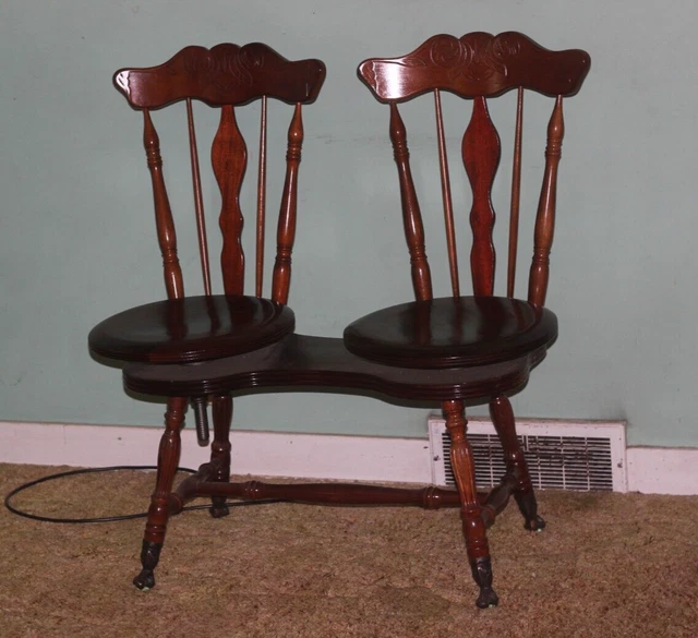 Antique Wood Double Spindle Seat Piano Stool Chair Adjustable Ball & Claw Feet Antique Wood Double Spindle Seat Piano Stool Chair Adjustable Ball & Claw Feet