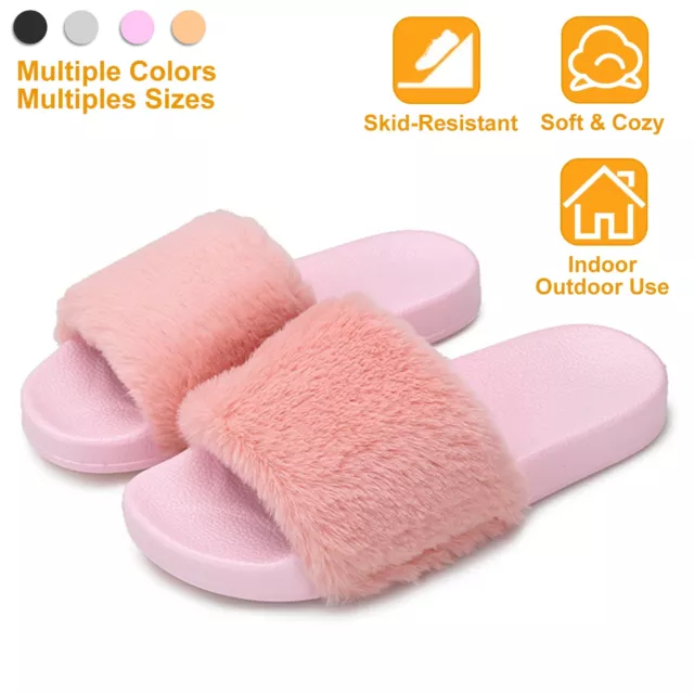 Womens faux Fur Fuzzy Furry Slippers Comfy Sliders Indoor Home Sandals Shoes