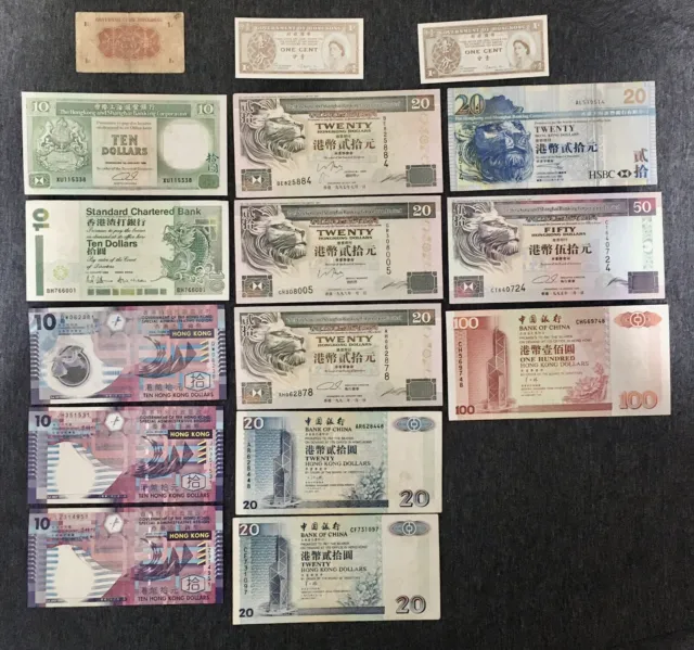 1 Cent (3) $10 (5) $20 (6) $50 (1) and $100 (1) Dollars Hong Kong Currency  lot