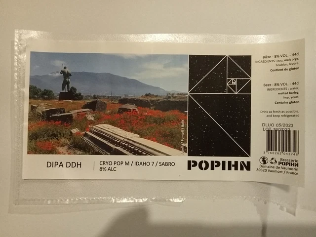 Etiquette de Bière : DIPA DDH Apollo Pompéi Italie - Brass. POPIHN - 89 France