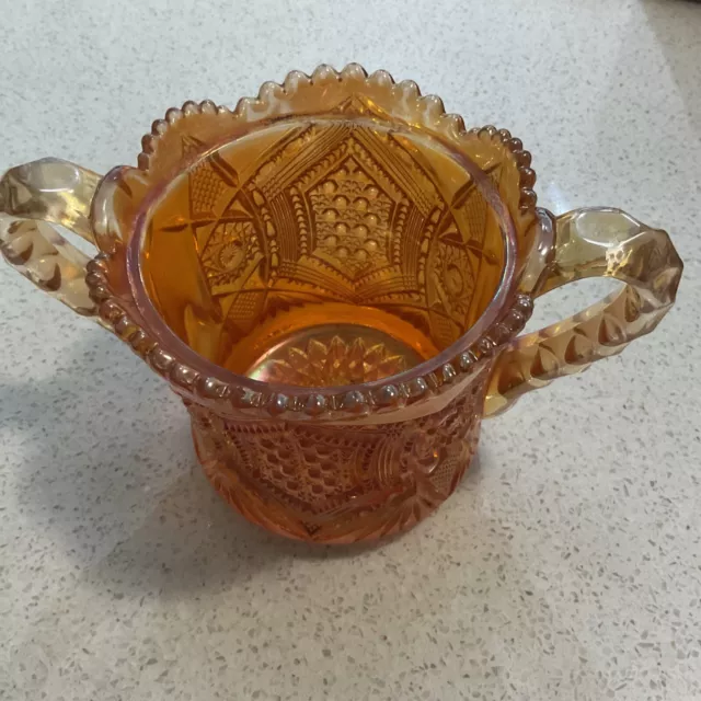 Imperial Marigold Carnival Glass Ruffled Top Two Handled Sugar Bowl