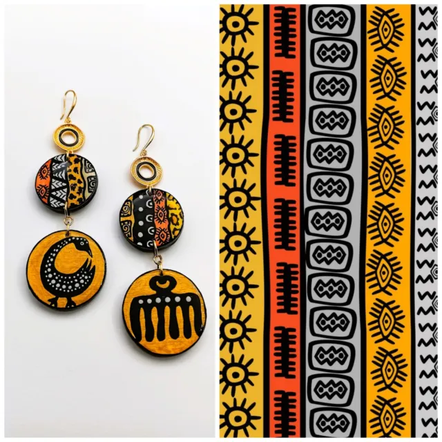 Painted wooden earrings inspired by African Adinka Symbol ART