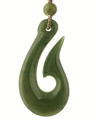 Fish Hook Carved Genuine Natural Green Nephrite Jade Pendant