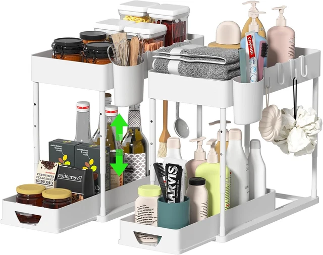 Organisateur Sous Évier 2 Étages Blanc - Tiroirs Coulissants Extractibles Pour Cuisine Et Salle De Bain