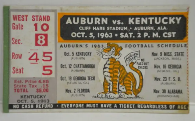 Antique Original 1963 Auburn Tigers vs Kentucky Wildcats Football Stub AU 60s
