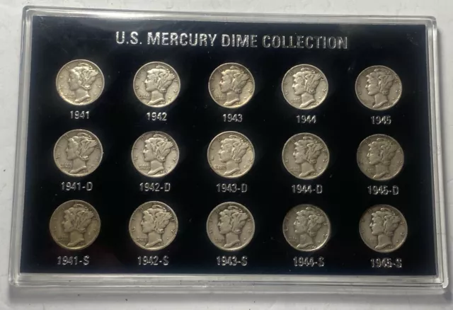 1941 1945  P,D,S *WWII ERA* Mercury Dime Short Set 15 Coins in  Holder SEE INFO