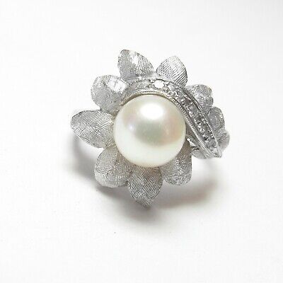 1940s Vintage 14K White Gold 7.3 mm Saltwater Cultured Akoya Pearl Diamond Ring