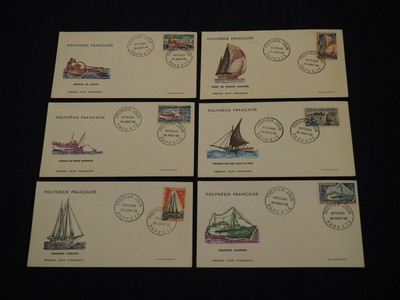 FRANCE : Lot de 6 ENVELOPPES 1er JOUR - POLYNESIE Série "Bateaux" 1966 - TBE
