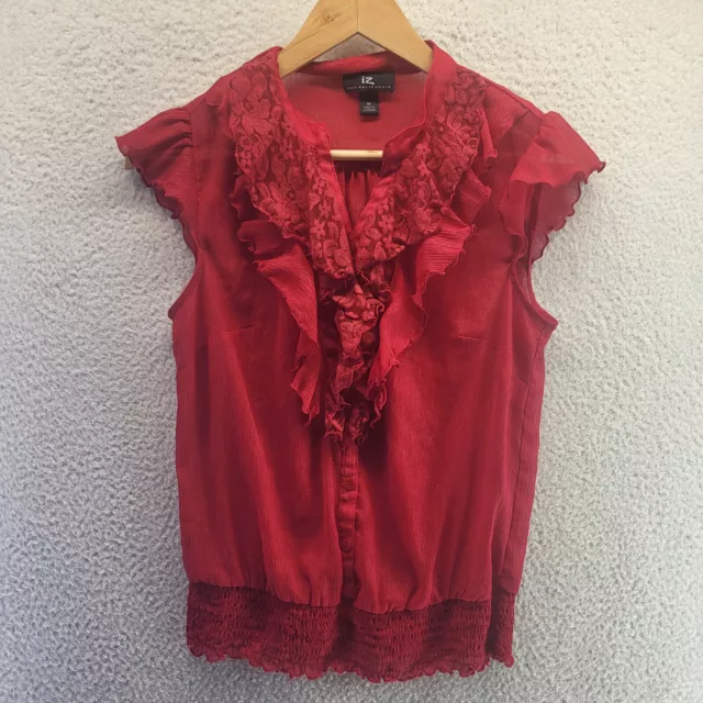 IZ BYER California Blouse Womens Medium Red Ruffle Button Up Sheer Stretch Top