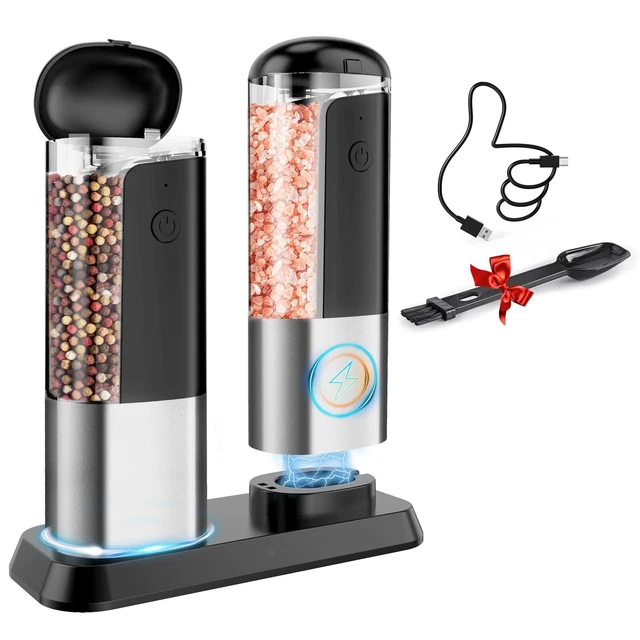 Moulin à Poivre Électrique RIGHTWELL – Lot De 2 + Base & LED – Réglage 5 Niveaux – 70 Ml – Piles AAA