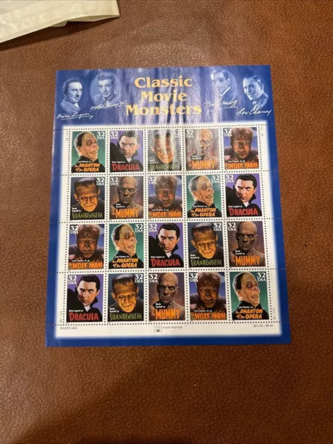 Classic Movie Monsters Mint Sheet of 20 Stamps - Pre owned - Never used