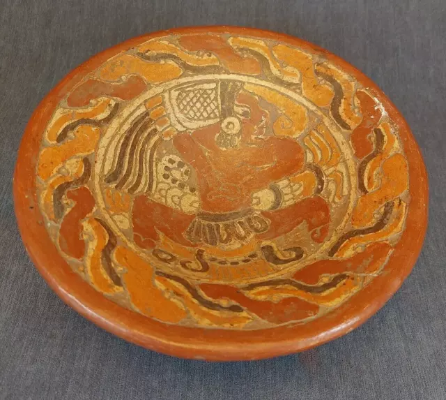 Vintage Mayan Style Tripod Polychrome Pottery Bowl with Jaguar Head, Legs 2