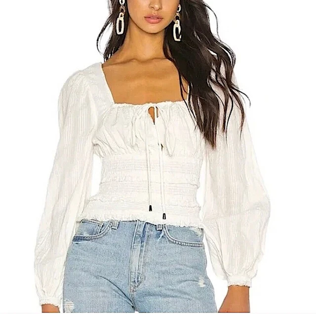 FREE PEOPLE Lolita White Balloon Sleeve Smocked Cropped Top Size M Boho Peasant