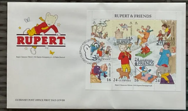 Guernsey 2.2.1993 Rupert Bear & Friends FDC M/S Floppity, Rex, Tiger Lily, Pig