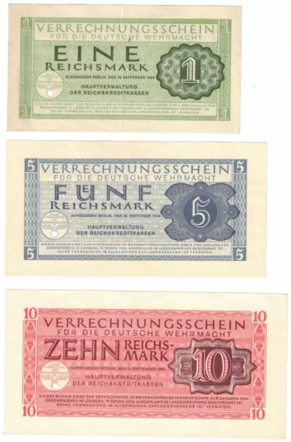 1 & 5 & 10 Reichsmark  Verrechnungsschein  für die Wehrmacht 15.09.1944 Selten