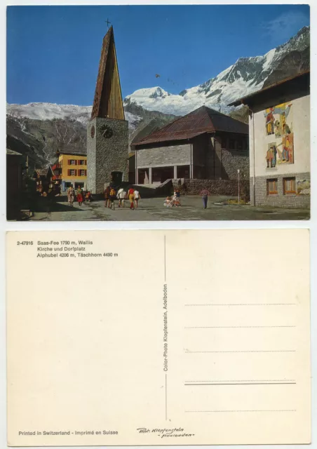 47334 - Saas-Fee - Kirche und Dorfplatz - alte Ansichtskarte