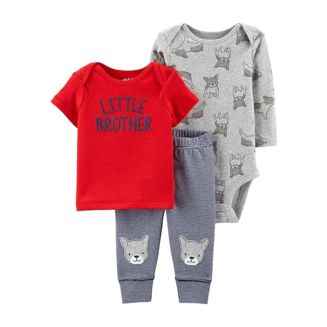 Carter's Infant Boy's 3 Piece Red Little Brother Grey Puppy Dog Pants Outfit Set