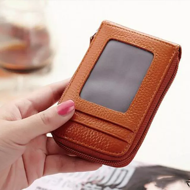 Genuine Leather Men Women Wallet Credit Card Holder RFID Blocking Zipper Pocket 3