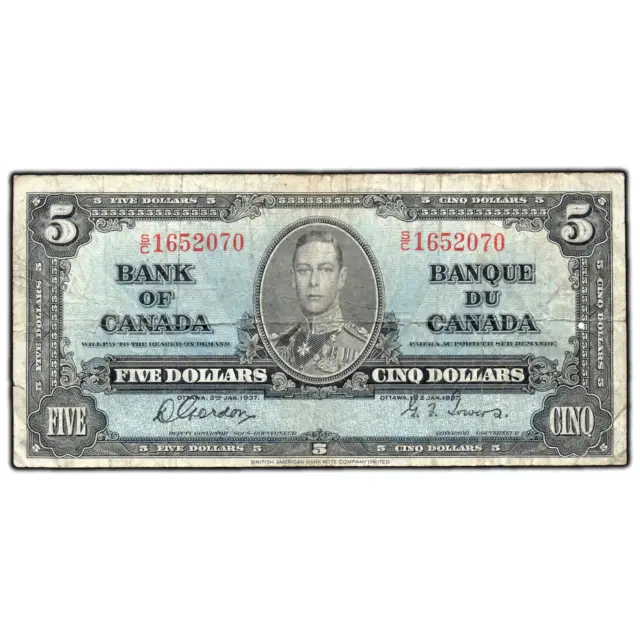 $5 1937 Bank of Canada Note Gordon-Towers S/C Prefix BC-23b