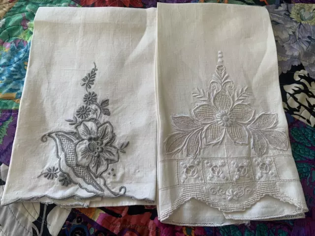 Set 2 Vintage Guest Hand Towels Embroidered