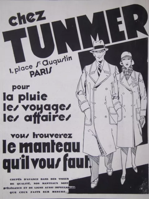 Publicité 1929 Chez Tunmer Le Manteau Qu'il Vous Faut Pour La Pluie Les Voyages