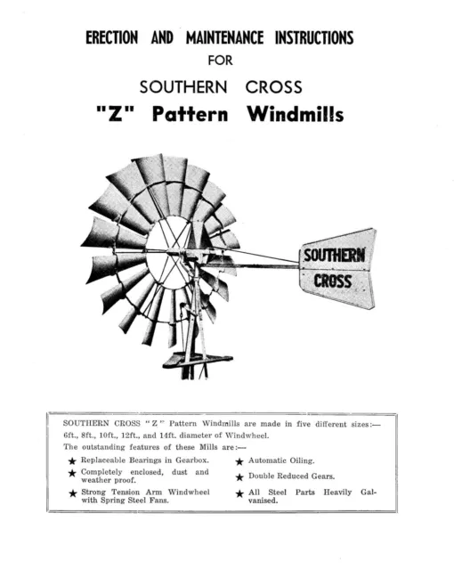 Southern Cross WINDMILL Z Erection & Maint Manual Printed New Copy 32p