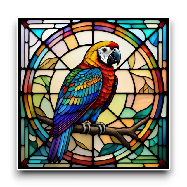 LARGE Macaw Parrot Bird Square Stained Glass Design Opaque Vinyl Sticker Decal