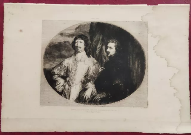 Gravure XIX siècle. A.Van Dyck: Portrait d'Antoine Van Dyck et d'Endymion Porter