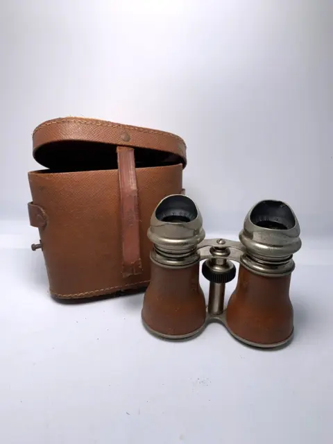 Vintage Antique Paris French Brown Leather Binoculars with Leather Case