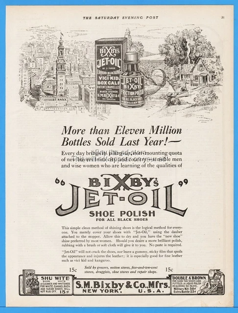 1918 SM Bixby Co Jet Oil Shoe Polish Vici Kid Box Calf Liquid Blacking Print Ad