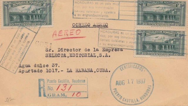 Honduras: 1937: letter from Puerto Castilla to La Habana, registered