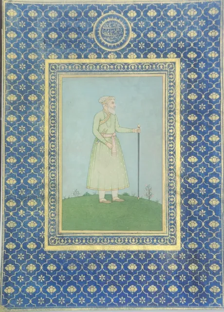 Antique islamic mughal miniature painting depecting mughal emperor