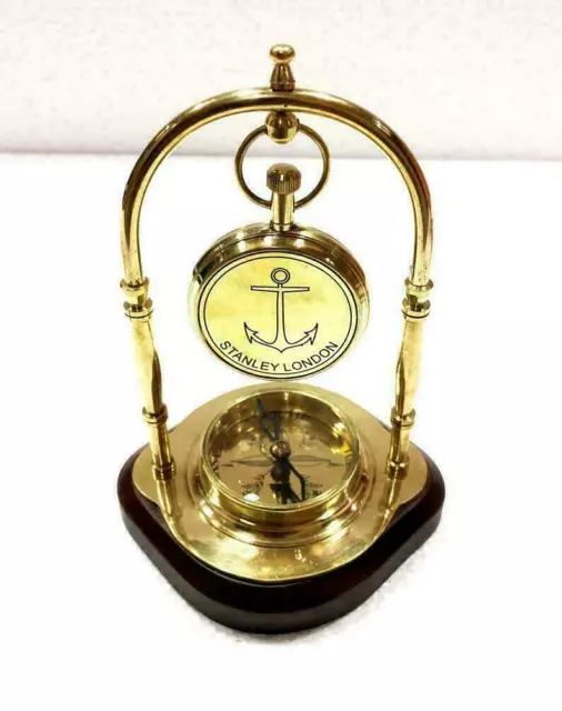 Antik Messing Kompass Stil Nautisch Schiff Holz Base Schreibtisch Uhr Büro Dekor 2