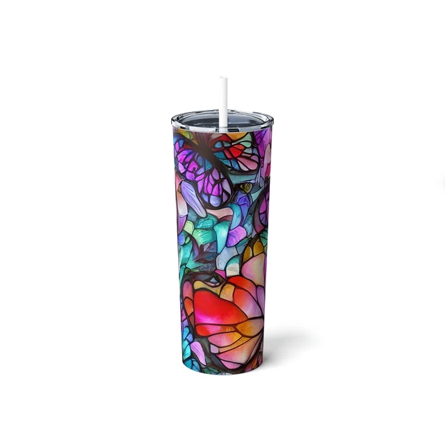 Butterfly Stained Glass Skinny Steel Tumbler with Straw, 20oz