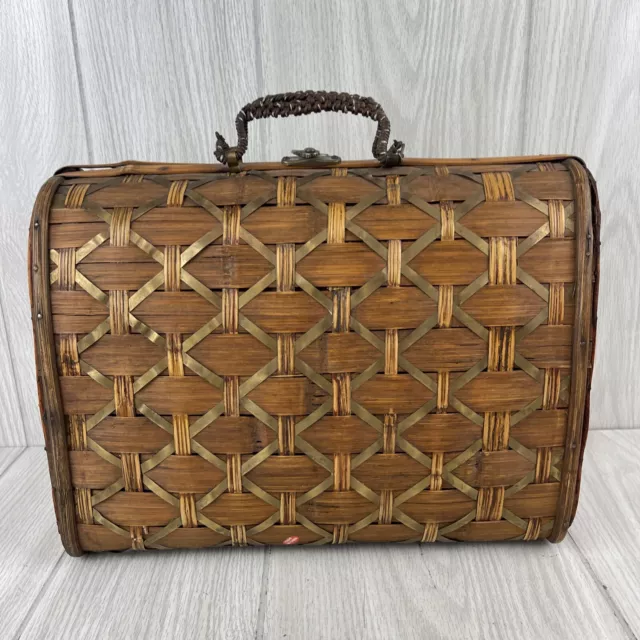 Vintage Woven Wicker Rattan & Brass Basket Purse Sewing Tea Basket Attache Case