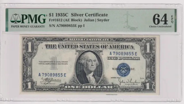 Fr 1612 1935C $1 SC A79089855E PMG 64EPQ CH CU 1935-C Silver Certificate