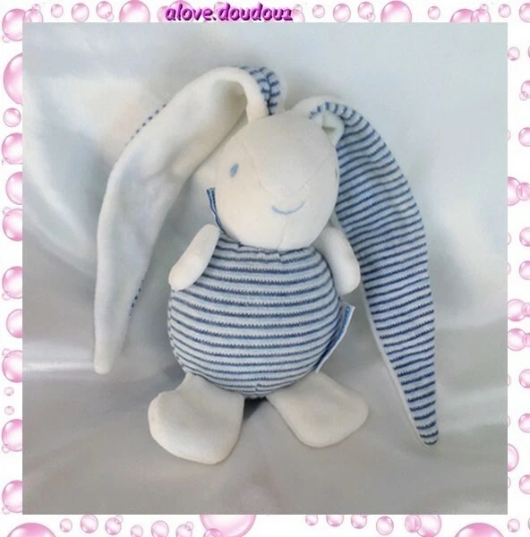 Doudou Peluche Lapin Rayures Bleu Et Blanc Hochet Nounours