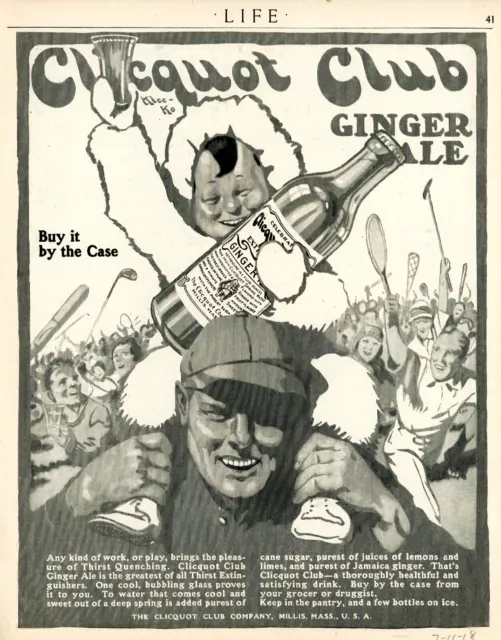 1918 Original CLICQUOT CLUB Ginger Ale Ad.  Eskimo Boy Hero Carried Off Field