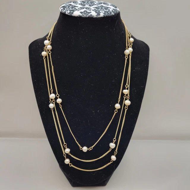 VTG Station Freshwater Cultured Pearls on Gold Tone Opera Chain Necklace 62"