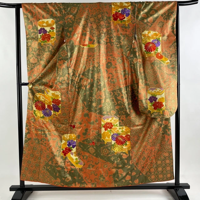 Japanese Silk Kimono Vintage Furisode Gold Bucket Flower Embroidery Orange 61"