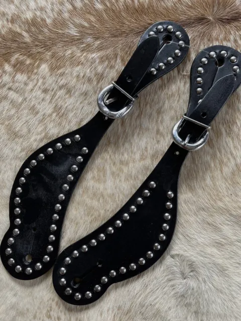 Adult Size Black Genuine Leather Silver Studs PAIR of Western Spur Straps