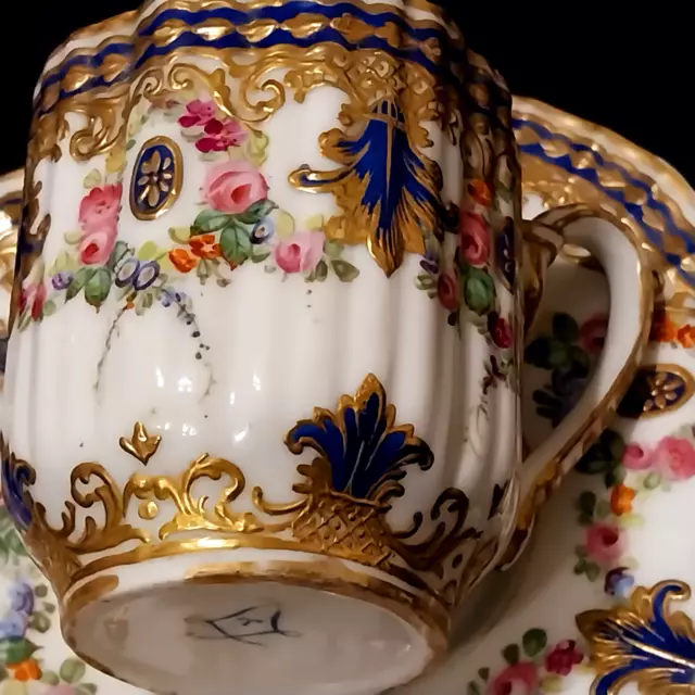 Antique,Sevres Style,Minton?Worcester,Porcelain Set,Gold Gilt And Floral Pattern 3