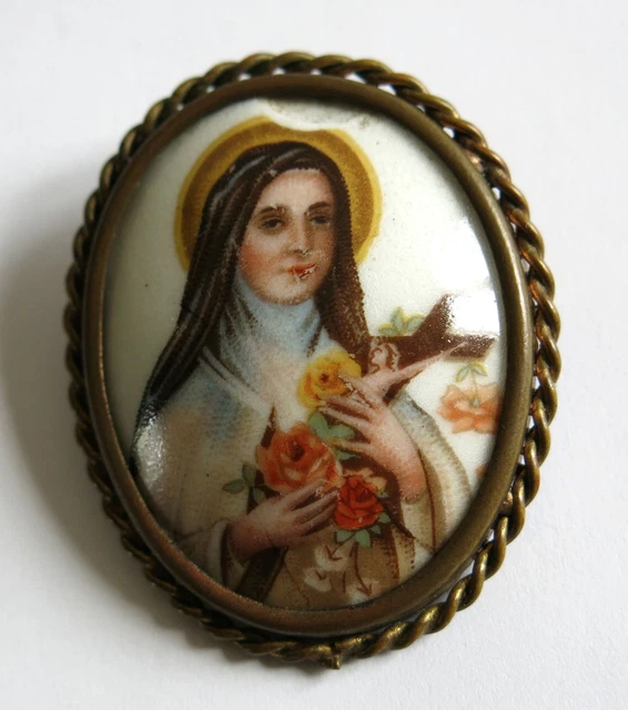 Broche Ancienne En Porcelaine De Limoges - Vierge Marie Peinte à La Main, Vintage, Occasion, Métal Et Porcelaine