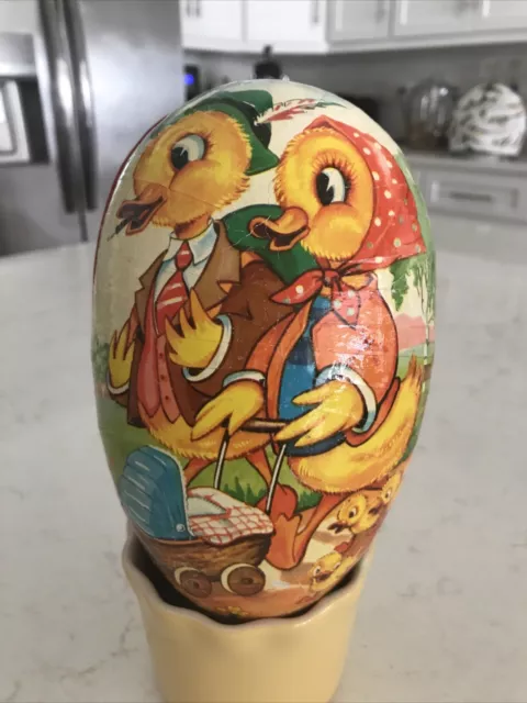 Vintage Germany 7” papier-mâché egg Mama & Papa ducks Baby Carriage, ducklings