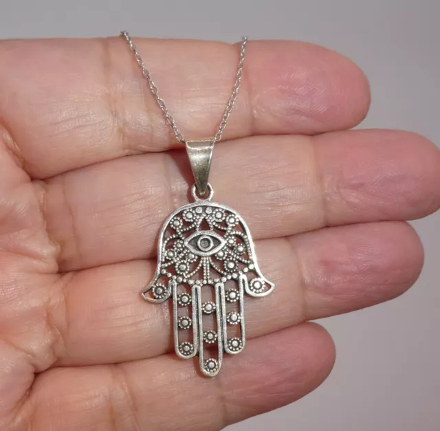 925 Sterling Silver Jewelry Hamsa Hand & Evil Eye Filigree Pendant 18" Necklace