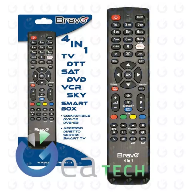 Télécommande Universale Programmable 4 IN 1 BRAVO Pour Tv-Dtt Sat-Dvd Vcr-Sky